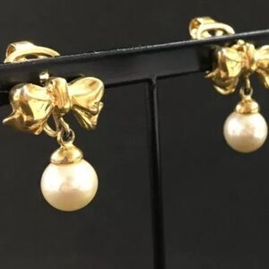 Nina Ricci Gold and Pearl Bow Clip On Earrings